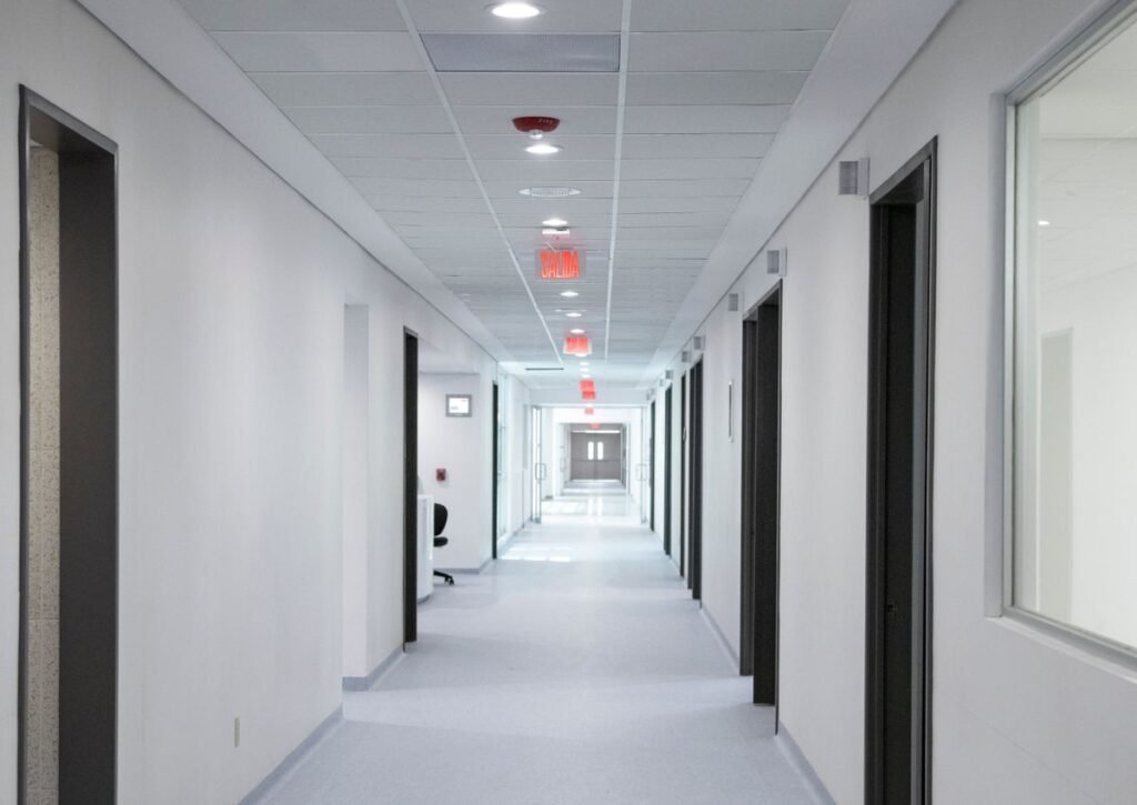 Clean healthcare facility corridor requiring specialized janitorial services